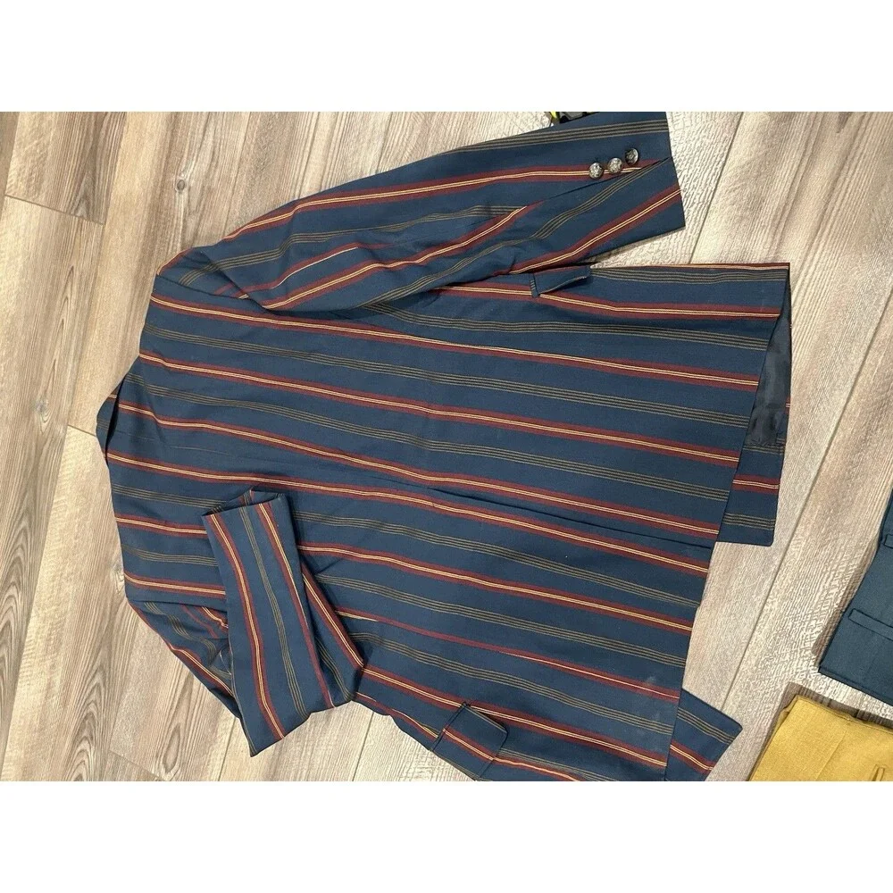 Vintage H.I.S. Striped Double-Breasted Blazer Crest Buttons + 2 Farah Pants 3x